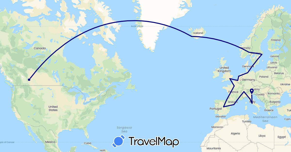 TravelMap itinerary: driving in Belgium, Canada, Switzerland, Germany, Denmark, Spain, France, United Kingdom, Iceland, Italy, Netherlands, Norway, Sweden (Europe, North America)